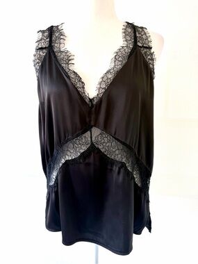 DO+BE Black Satin V-Neck Lace Trim Chemise Top